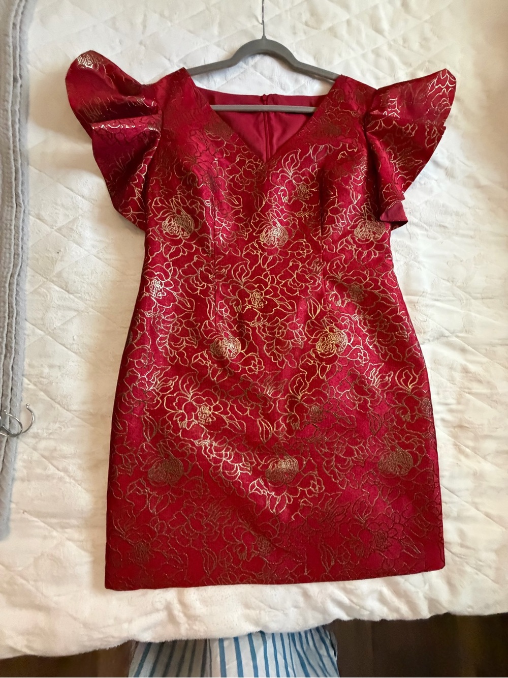 Trina Turk Red  Floral Jacquard Short Dress with Flutter Sleeves size lg
